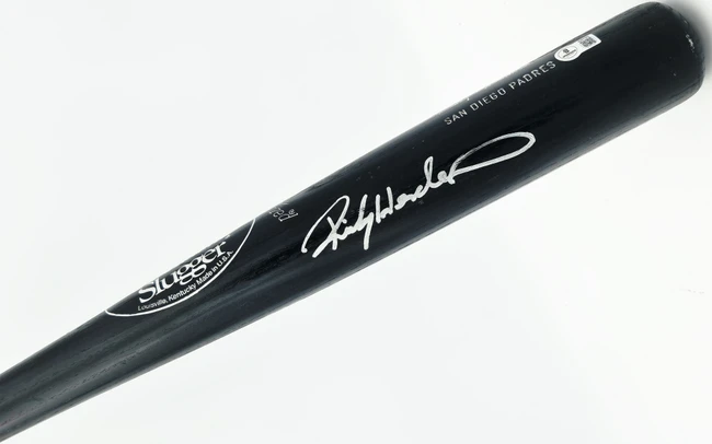 Rickey Henderson Autographed Game Issued Louisville Slugger T141 Baseball Bat San Diego Padres Beckett BAS QR #BX67569
