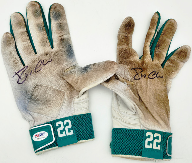 Robinson Cano Autographed 2014 White & Teal Nike MVP Elite Pro Game Used Batting Gloves Seattle Mariners PSA/DNA (Dual Signed) Stock #267637