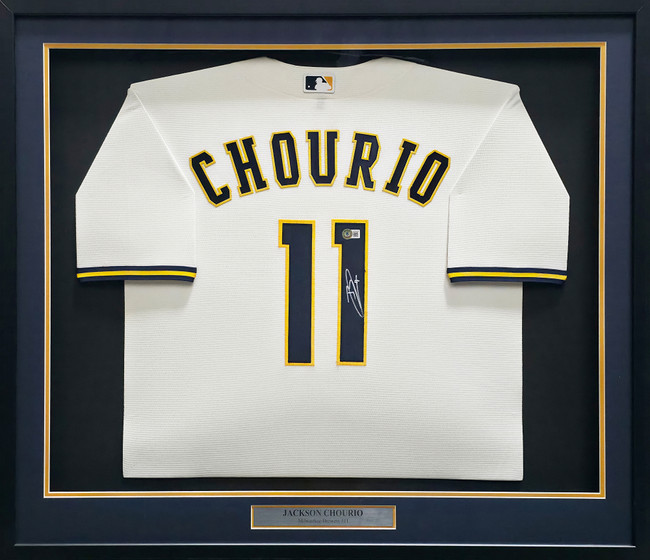 Milwaukee Brewers Jackson Chourio Autographed Framed Cream Nike Jersey Beckett BAS Witness Stock #267813