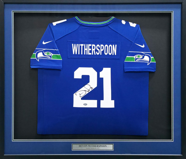 Seattle Seahawks Devon Witherspoon Autographed Framed Blue Nike Jersey MCS Holo Stock #267814