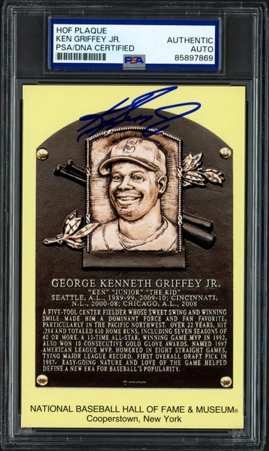 Ken Griffey Jr. Autographed Hall of Fame HOF Plaque Postcard Seattle Mariners PSA/DNA #85897869