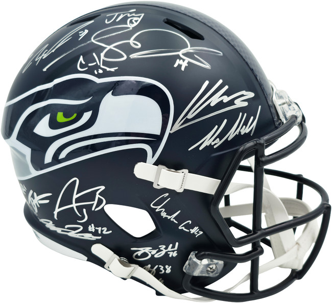 Seattle Seahawks Super Bowl LX Champions Autographed Blue Full Size SB LX Champs Logo Speed Replica Helmet With 31 Signatures Including Sam Darnold & Jaxon Smith-Njigba #/60 Stock #268082