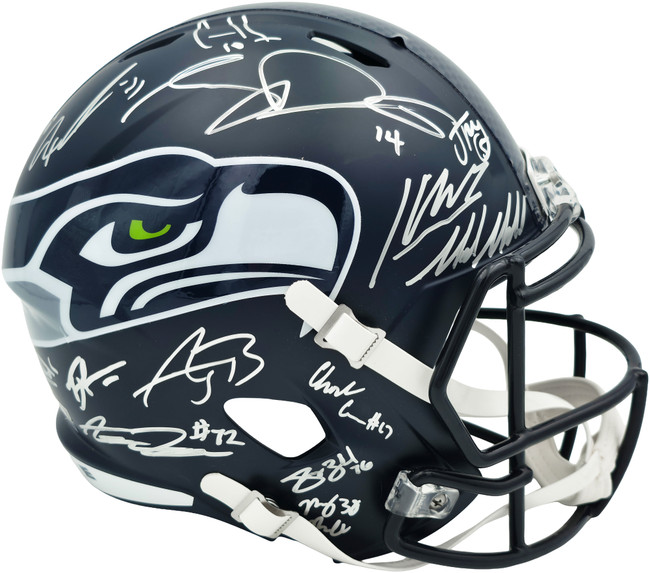 Seattle Seahawks Super Bowl LX Champions Autographed Blue Full Size Speed Replica Helmet With 31 Signatures Including Sam Darnold & Jaxon Smith-Njigba #/112 Stock #268084