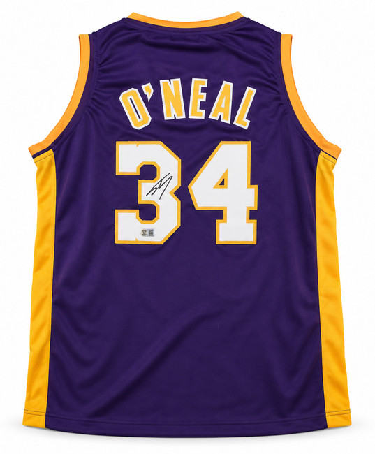 Los Angeles Lakers Shaquille O'Neal Autographed Purple Jersey Beckett BAS Witness Stock #267983