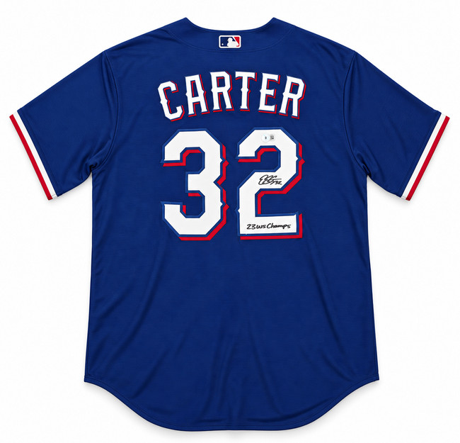 Texas Rangers Evan Carter Autographed Blue Nike Jersey Size XL "23 WS Champs" Beckett BAS Witness Stock #268180