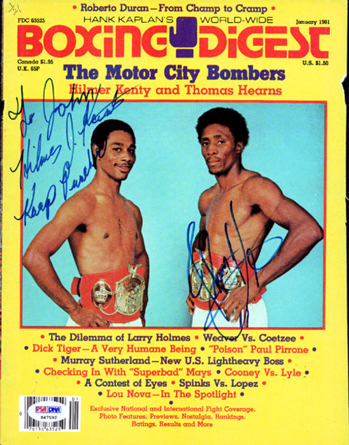 Thomas "Hit Man" Hearns & Hilmer Kenty Autographed Boxing Digest Magazine Cover "To John" PSA/DNA #S47592