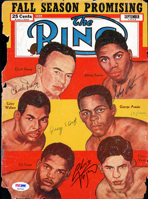 Chuck Davey, Johnny Saxton, George Araujo & Chico Vejar Autographed The Ring Magazine Cover PSA/DNA #S47660