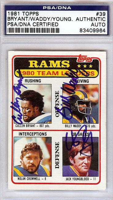 Cullen Bryant, Billy Waddy & Jack Youngblood Autographed 1981 Topps Card #39 Los Angeles Rams PSA/DNA #83409964