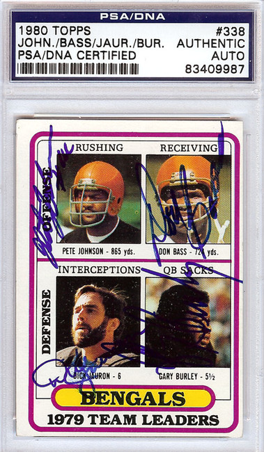 Pete Johnson, Don Bass, Dick Jauron & Gary Burley Autographed 1980 Topps Card #338 Cincinnati Bengals PSA/DNA #83409987