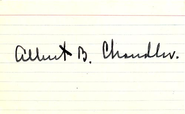 AB Happy Chandler Autographed 3x5 Index Card JSA #I49777