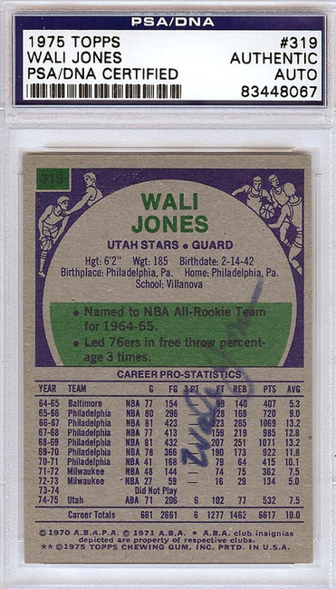 Wali Jones Autographed 1975 Topps Card #319 Utah Stars PSA/DNA #83448067