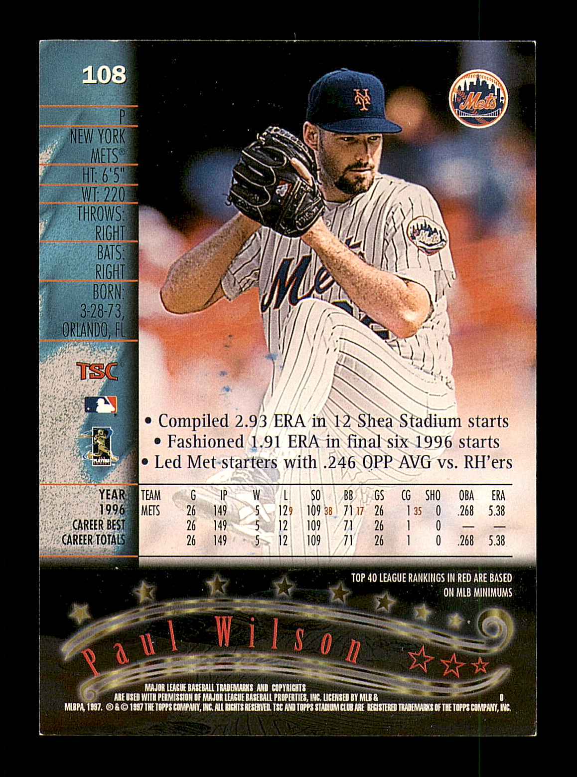 Paul Wilson Autographed 1997 Stadium Club Card 108 New York Mets SKU