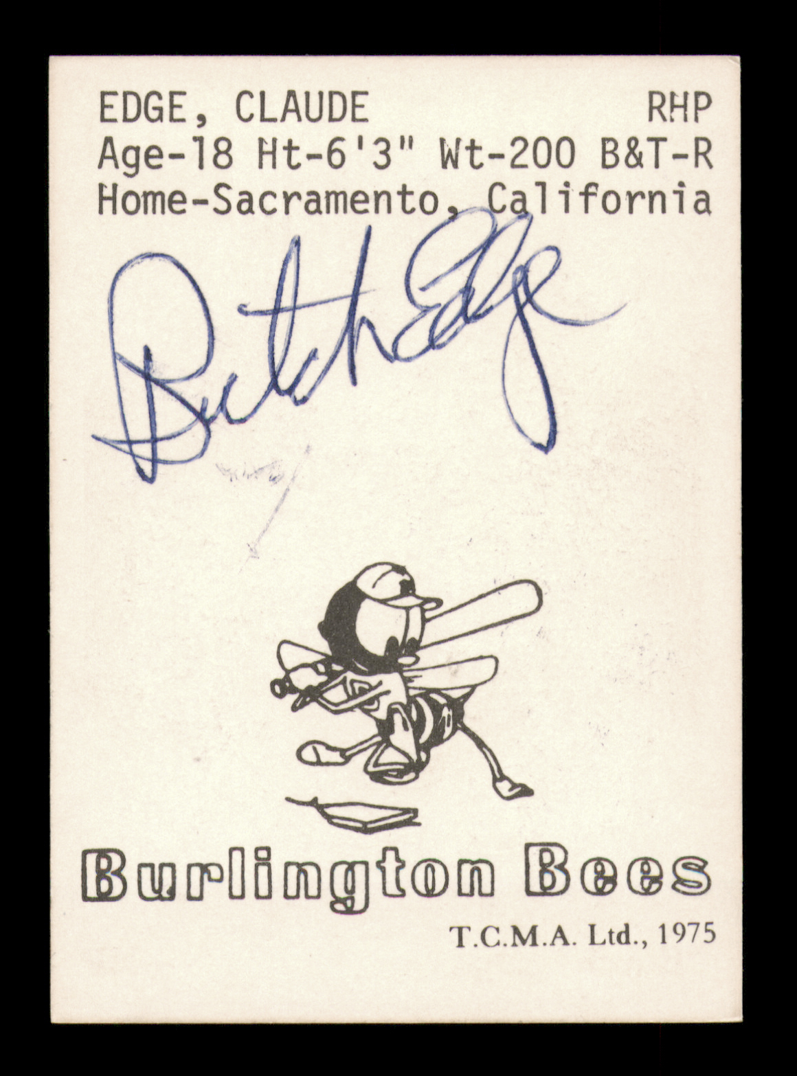 Butch Reed Rookie Card Butch Edge Autographed 1975 TCMA Rookie Card Burlington Bees (Signed ...