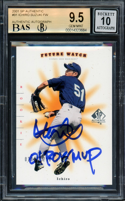 Ichiro Suzuki Autographed 2001 SP Authentic Rookie Card #91 Seattle  Mariners BGS 9.5 Auto Grade Gem Mint 10 