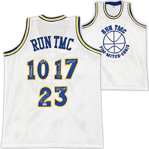 Golden State Warriors Chris Mullin, Tim Hardaway & Mitch Richmond  Autographed White Jersey Run TMC HOF Beckett BAS Witness Stock #216816