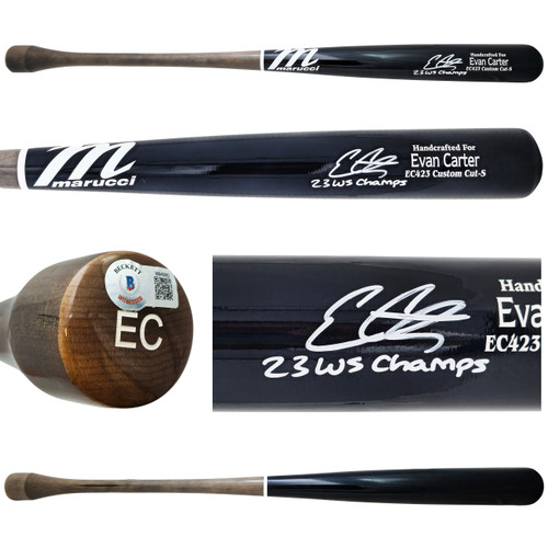Evan Carter Autographed Navy/Grey Marucci Player Model Bat Texas