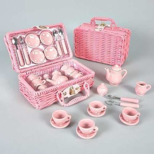 Think Pink Spotty 17-piece Mini Ceramic Tea Set in Basket