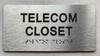 TELECOM CLOSET  with Raised letters/Image & Grade 2 Braille - Includes Red Adhesive pad for Easy Installation Sign