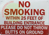 NO SMOKING WITHIN 25 FEET OF BUILDING ENTRANCE DOB SIGN