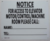 Notice for Access to Elevator Motor -Control-Machine Please Call  Building Sign Notice for Access to Elevator Motor -Control-Machine Please Call  Building Sign