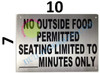 NO Outside Food Permitted Seating Limited to_Minutes ONLY BUILDING SIGN
