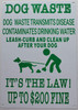 Dog Waste Transmits Disease Contaminates Drinking Water Sign