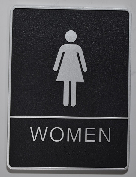 WOMEN Restroom Sign- BLACK- Braille Sign with Raised Tactile Graphics and Letters