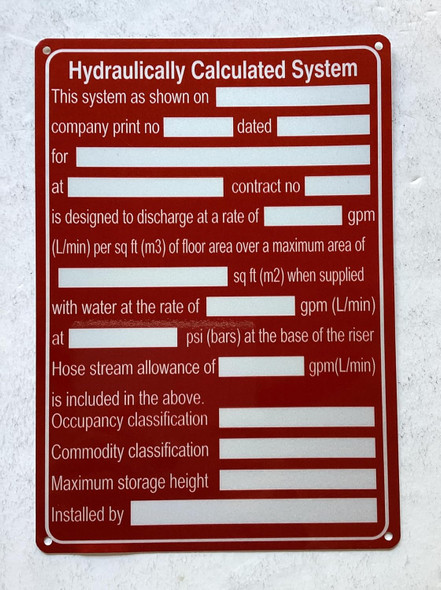 NYC FIRE SPRINKLER HYDRAULICLLY CALCULATED SYSTEM SIGN