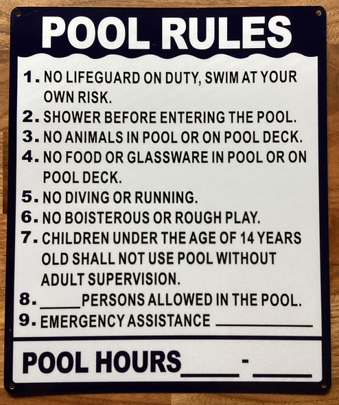 NYC POOLS RULES SIGN WITH POOL HOURS ON IT
