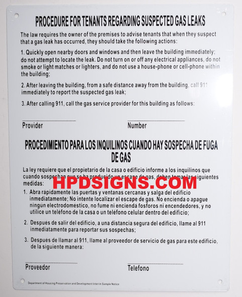 Gas Leak Notice – HPD Required Sign