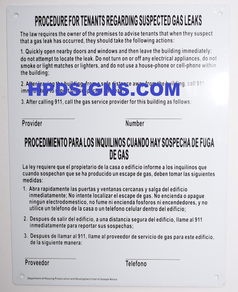 Gas Leak Notice  English/ Spanish HPD Required