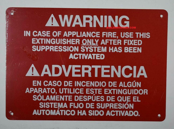 Warning in CASE of Appliance FIRE, USE This Extinguisher ONLY  Sign Warning in CASE of Appliance FIRE, USE This Extinguisher ONLY  Sign