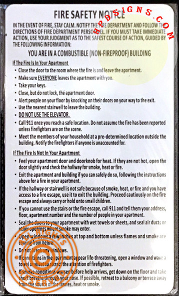 DOOR Fire Safety Notice -NON FIRE PROOF BUILDINGSign