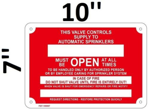 THIS VALVE CONTROLS SUPPLY YO AUTOMATIC SPRINKLERS MUST BE OPEN AT ALL TIMES Sign