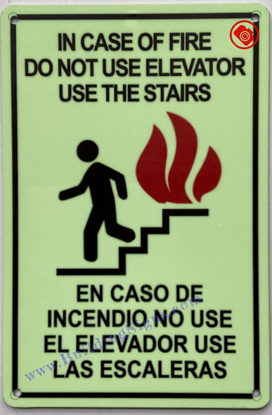 Photoluminescent IN CASE OF FIRE USE STAIRS ENGLISH/SPANISH/GLOW IN THE DARK IN CASE OF FIRE USE STAIRS ENGLISH/SPANISH Sign