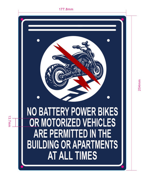 No battery power bikes or motorized vehicles are permitted in the building or apartments at all times sign No battery power bikes or motorized vehicles are permitted in the building or apartments at all times sign