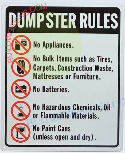 DUMPSTER RULES WITH SYMBOLS Signage DUMPSTER RULES WITH SYMBOLS Signage