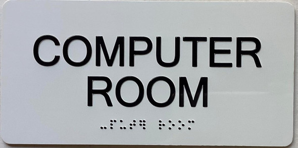Computer Room  with Raised letters/Image & Grade 2 Braille - Includes Red Adhesive pad for Easy Installation Sign