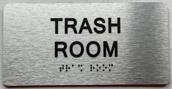 TRASH ROOM  with Raised letters/Image & Grade 2 Braille - Includes Red Adhesive pad for Easy Installation