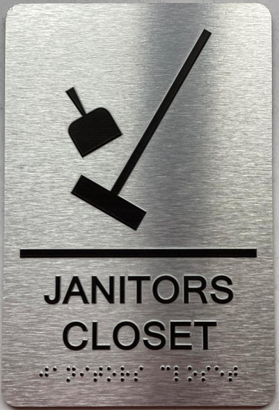 JANITOR'S CLOSET  with Raised letters/Image & Grade 2 Braille - Includes Red Adhesive pad for Easy Installation Sign