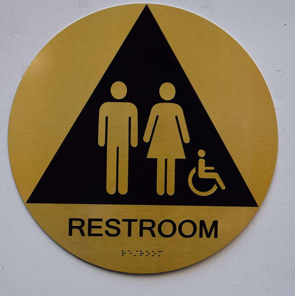 Unisex ACCESSIBLE Restroom CA -GOLD -Braille SIGNAGE with Raised Tactile Graphics and Letters Unisex ACCESSIBLE Restroom CA -GOLD -Braille SIGNAGE with Raised Tactile Graphics and Letters