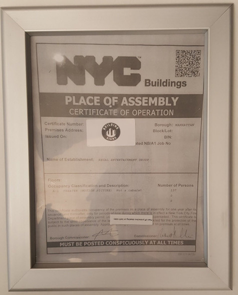 NYC place of assembly certificate of operation frame NYC place of assembly certificate of operation frame