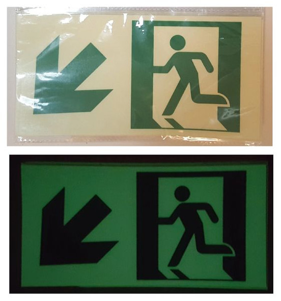 GLOW IN THE DARK HIGH INTENSITY SELF STICKING PVC GLOW IN THE DARK SAFETY GUIDANCE Sign"EXIT" SIGNAGE 4.5X9 WITH RUNNING MAN AND DOWN LEFT ARROW