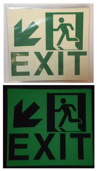 GLOW IN THE DARK HIGH INTENSITY SELF STICKING PVC GLOW IN THE DARK SAFETY GUIDANCE Sign"EXIT" SIGNAGE 9X10 WITH RUNNING MAN AND DOWN LEFT ARROW