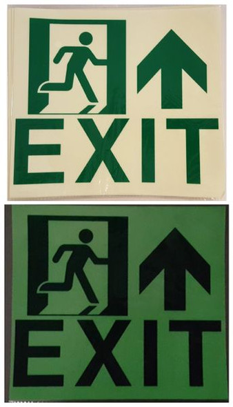 GLOW IN THE DARK HIGH INTENSITY SELF STICKING PVC GLOW IN THE DARK SAFETY GUIDANCE Sign"EXIT" SIGNAGE 9X10 WITH RUNNING MAN AND UP ARROW