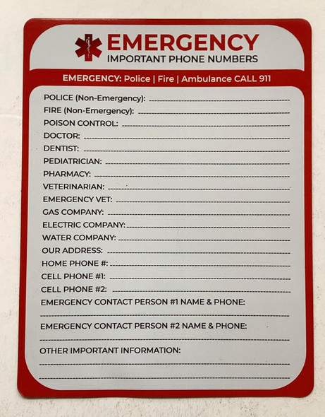 Emergency Important Phone Numbers Sign Emergency Important Phone Numbers Sign