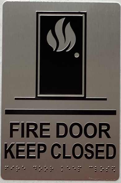 FIRE DOOR KEEP CLOSED SIGN Raised letters, Raised Image & Grade 2 Braille - Includes Red Adhesive pad for Easy Installation