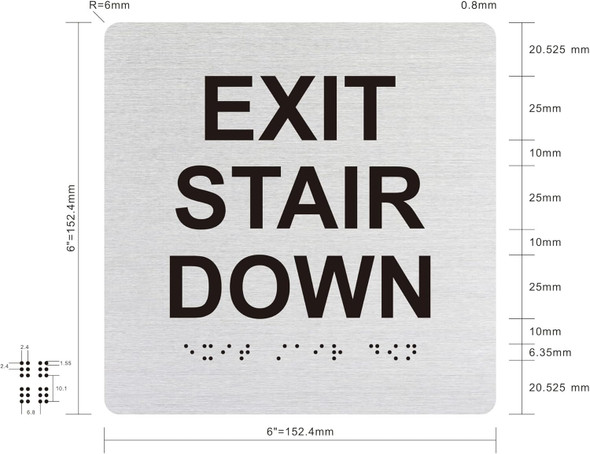 EXIT STAIR DOWN SIGNAGE Raised letters & Grade 2 Braille - Includes Red Adhesive pad for Easy Installation