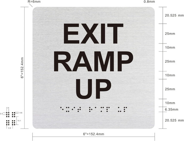 EXIT RAMP UP SIGNAGE Raised letters & Grade 2 Braille - Includes Red Adhesive pad for Easy Installation