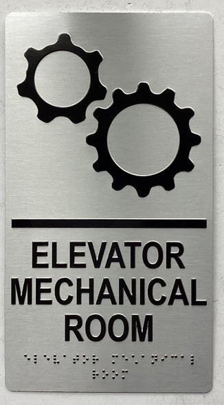 ELEVATOR MECHANICAL ROOM sign Raised letters, RAISED IMAGE & Grade 2 Braille - Includes Red Adhesive pad for Easy Installation